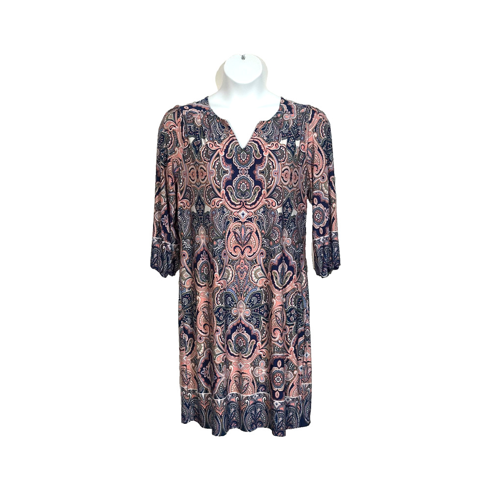 Women's size lg pink multi colored straight 3/4" sleeve knee length dress